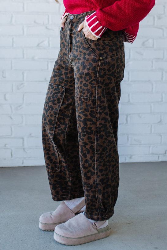 Ace Knee Patch Barrel Jeans | Mocha Leopard - SO ME