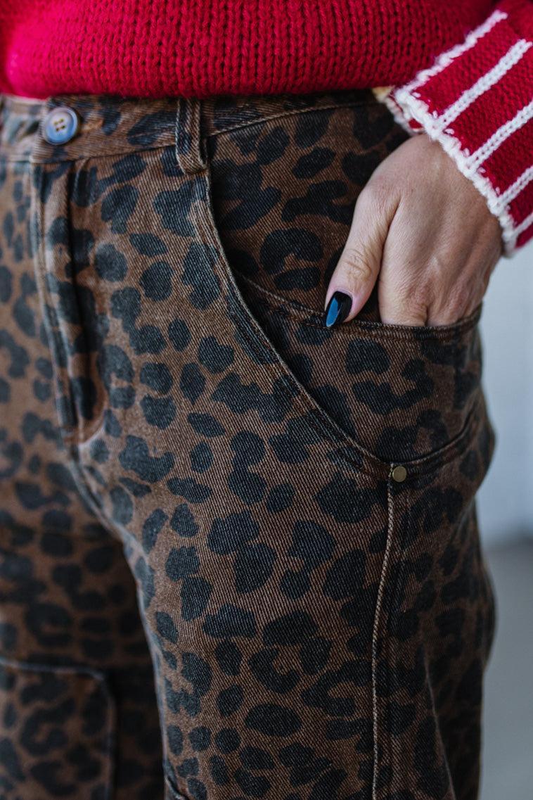 Ace Knee Patch Barrel Jeans | Mocha Leopard - SO ME