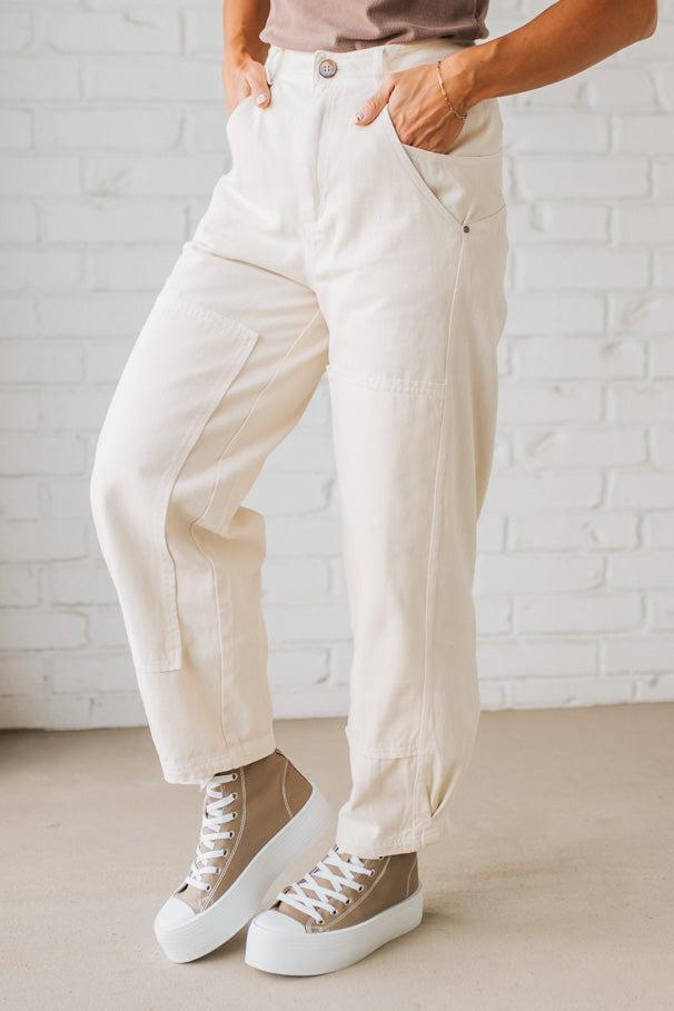 Ace Knee Patch Barrel Jeans | Oatmeal - SO ME
