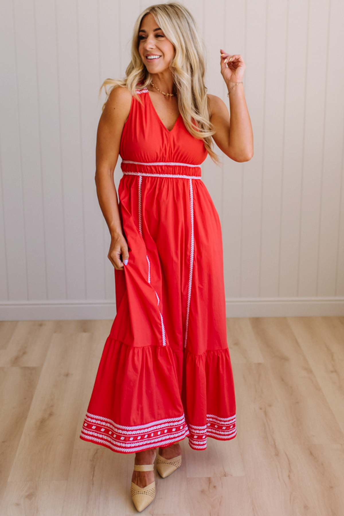 Adelia Embroidered V-Neck Dress