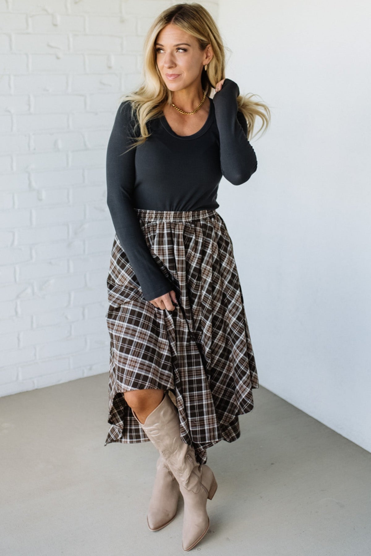 Asymmetrical Plaid Midi Skirt