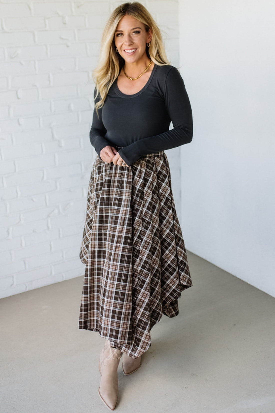 Asymmetrical Plaid Midi Skirt