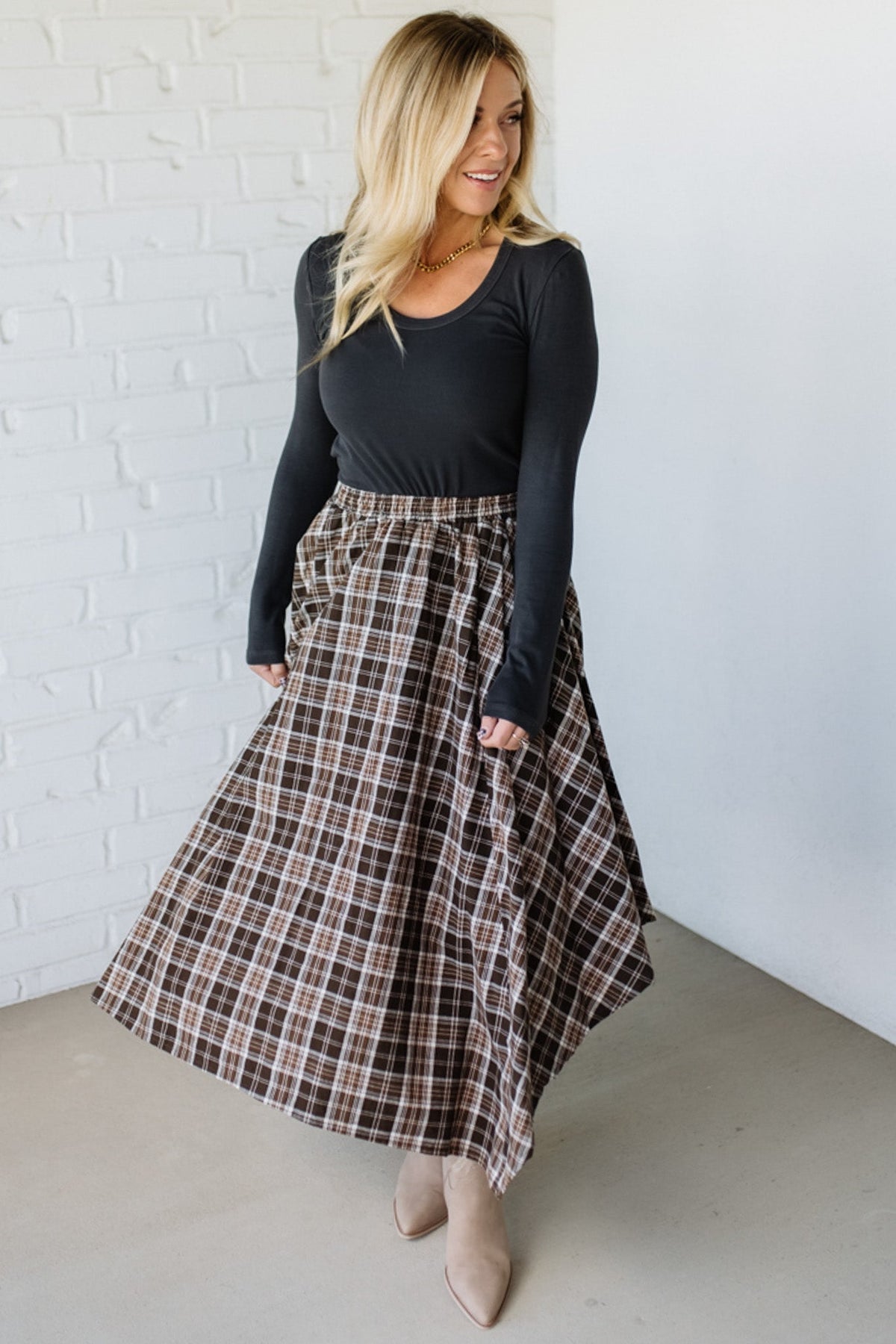 Asymmetrical Plaid Midi Skirt