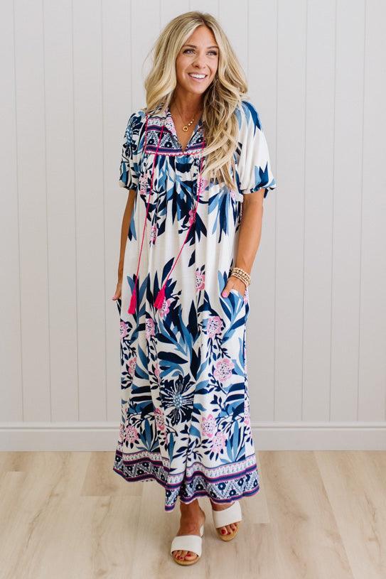 Bev Printed Midi Dress | Navy