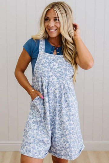 Blue Floral Denim Shortalls