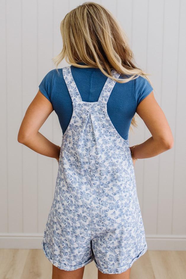 Blue Floral Denim Shortalls