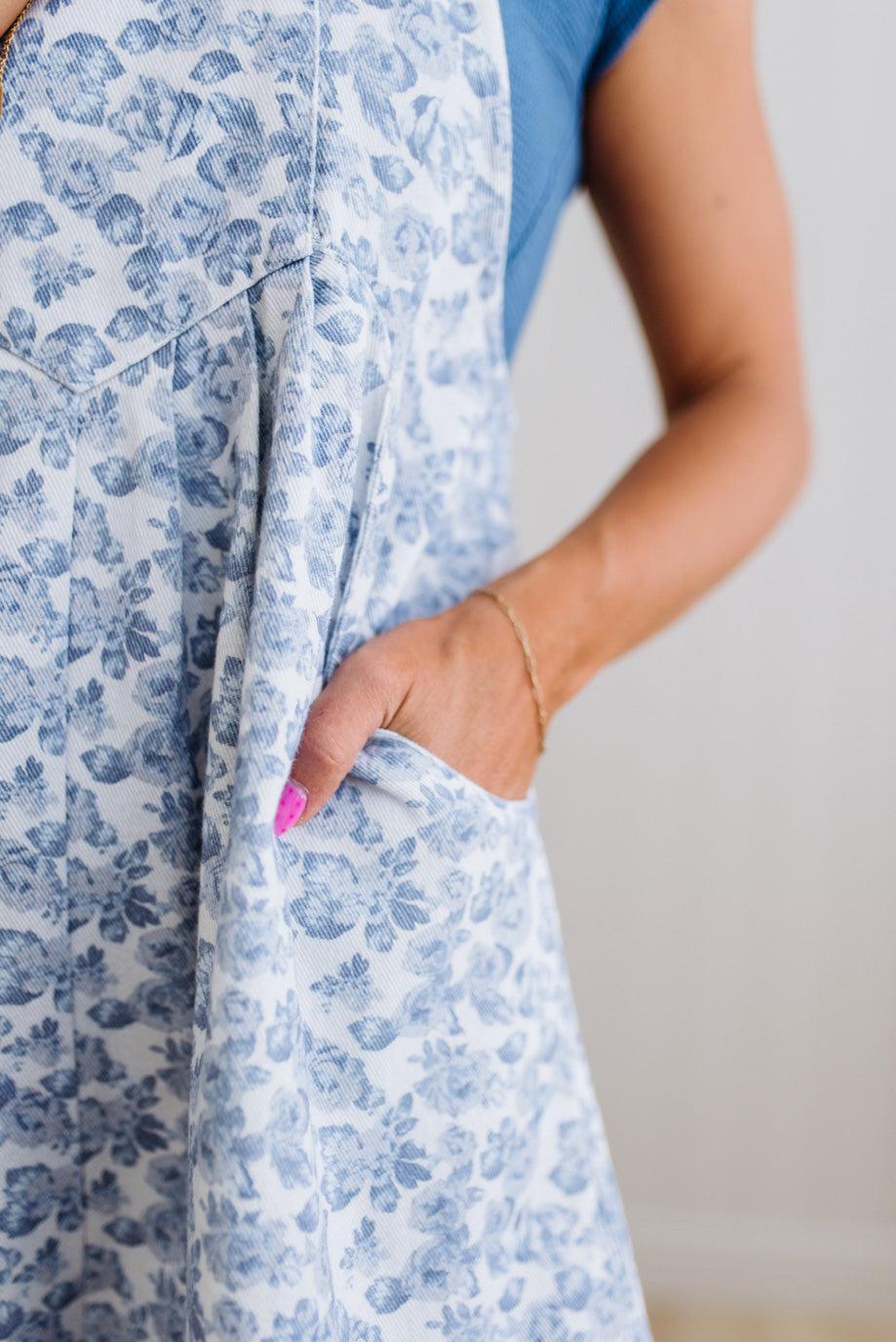 Blue Floral Denim Shortalls