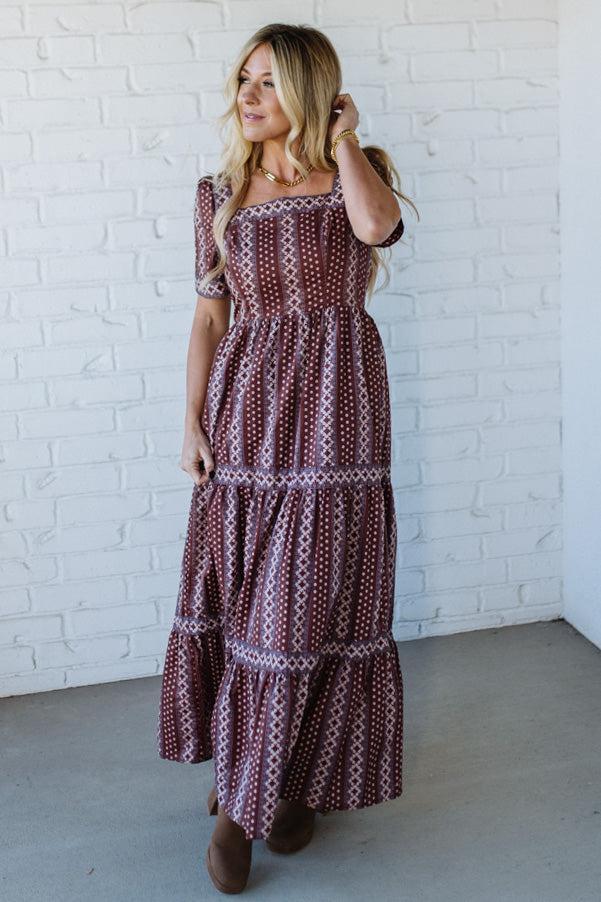 Border Print Tiered Maxi Dress