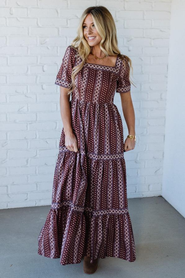Border Print Tiered Maxi Dress