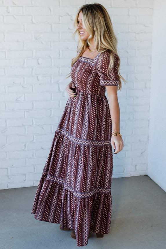 Border Print Tiered Maxi Dress