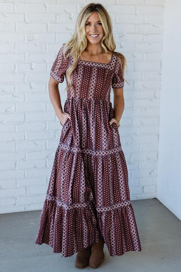Border Print Tiered Maxi Dress