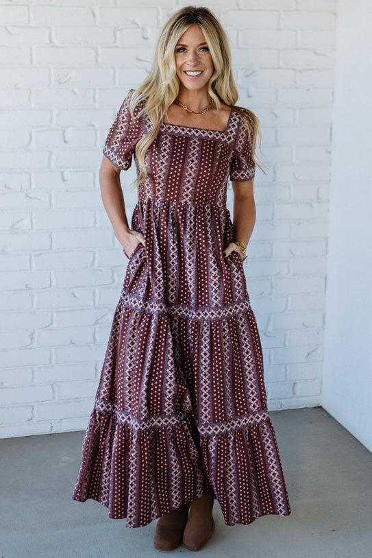 Border Print Tiered Maxi Dress
