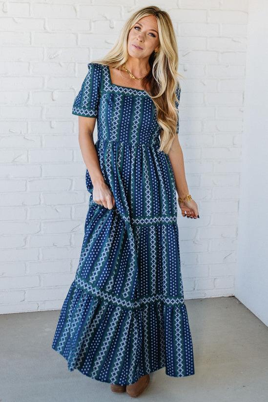 Border Print Tiered Maxi Dress