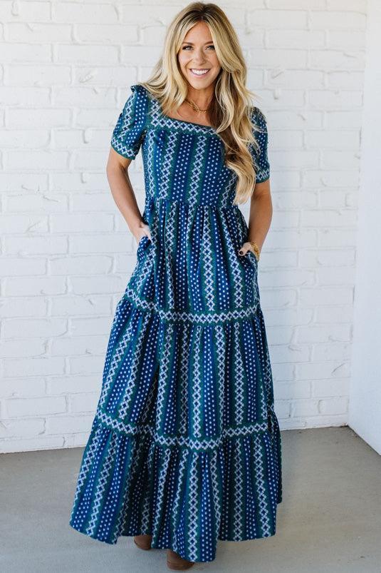 Border Print Tiered Maxi Dress