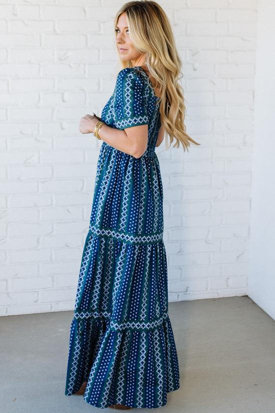 Border Print Tiered Maxi Dress