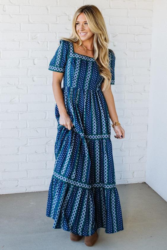 Border Print Tiered Maxi Dress