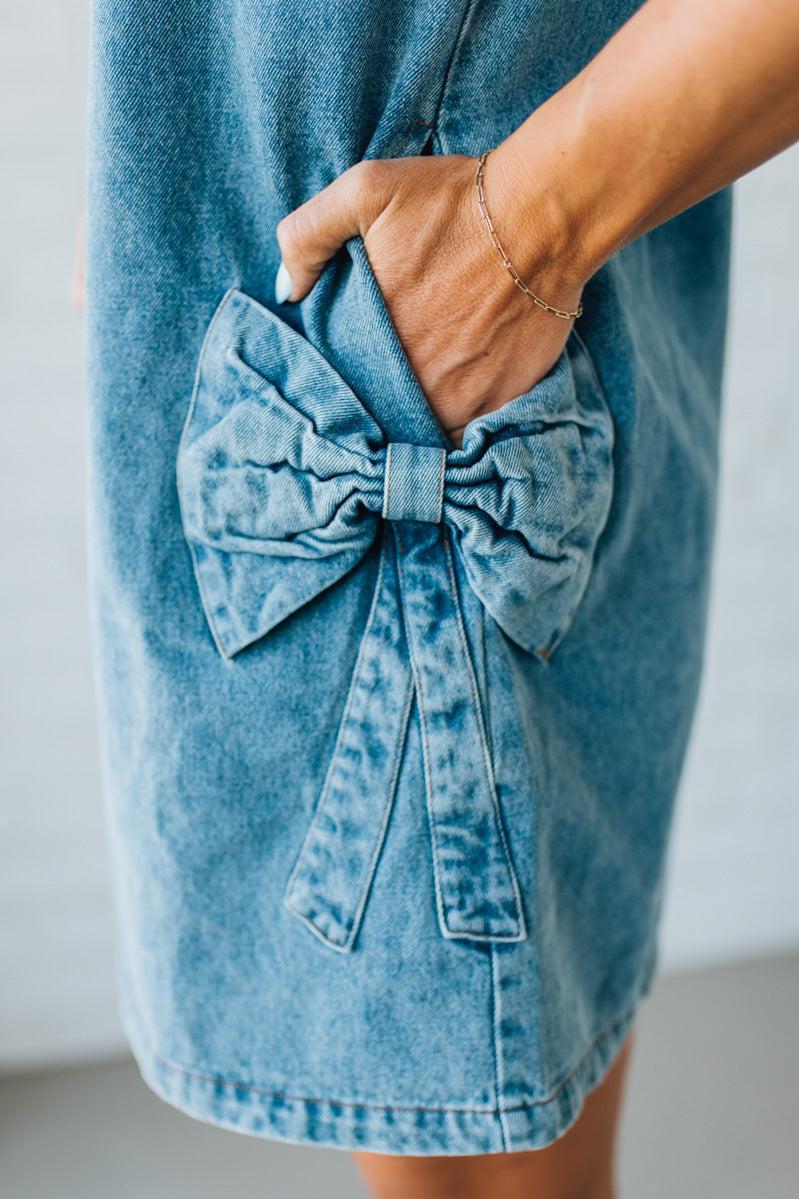 Bow Accent Denim Shift Dress