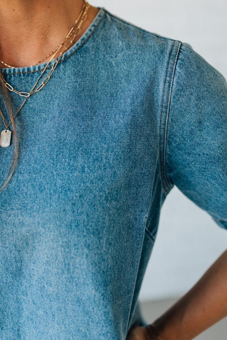 Bow Accent Denim Shift Dress