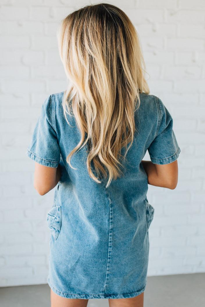 Bow Accent Denim Shift Dress