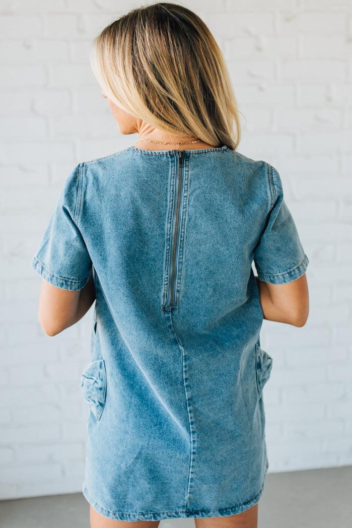 Bow Accent Denim Shift Dress
