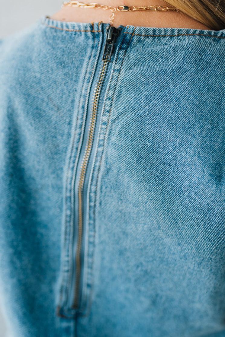 Bow Accent Denim Shift Dress
