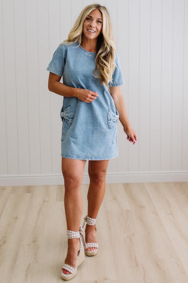 Bow Accent Denim Shift Dress