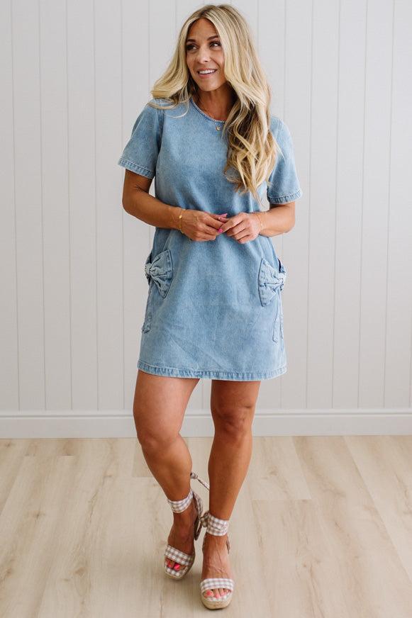 Bow Accent Denim Shift Dress