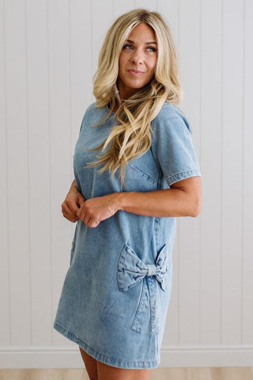 Bow Accent Denim Shift Dress