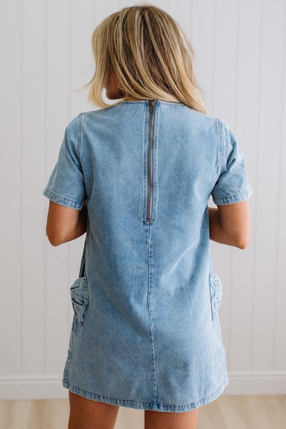 Bow Accent Denim Shift Dress