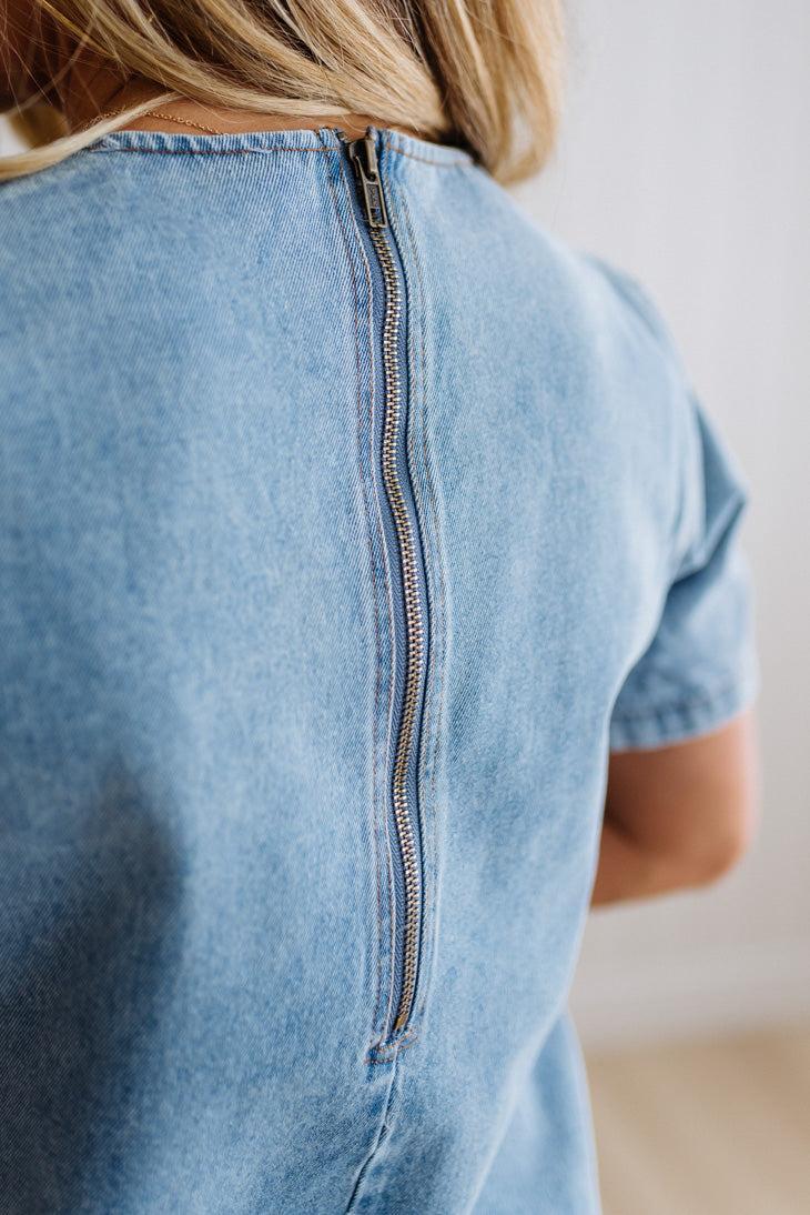 Bow Accent Denim Shift Dress