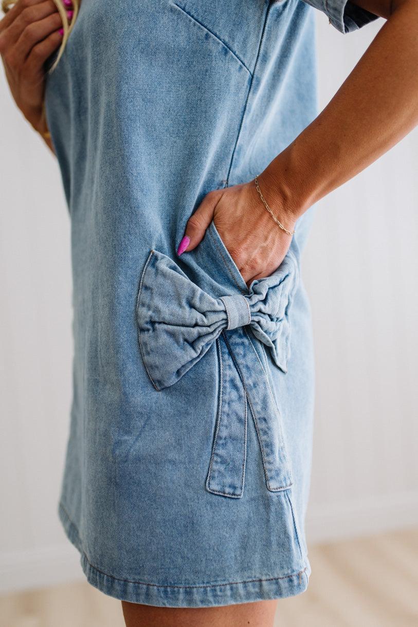 Bow Accent Denim Shift Dress
