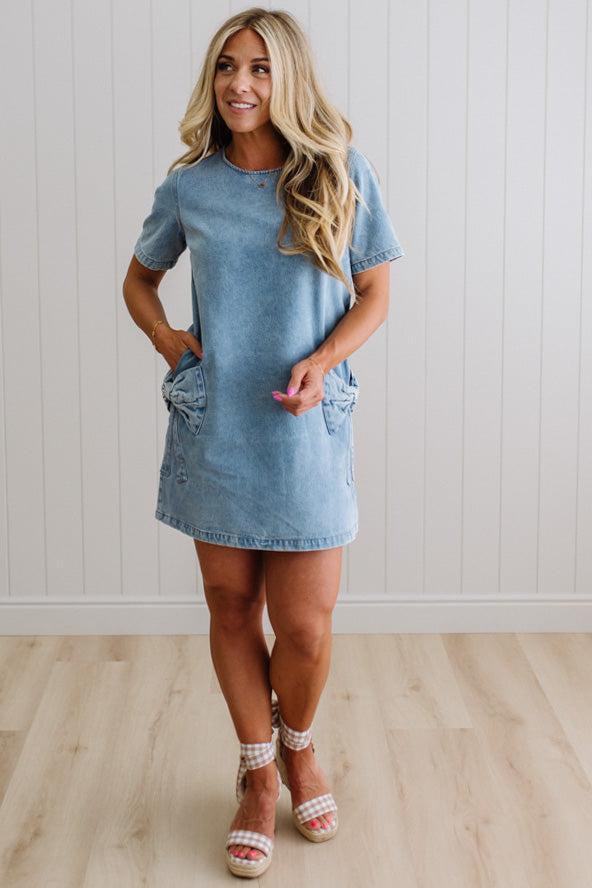 Bow Accent Denim Shift Dress