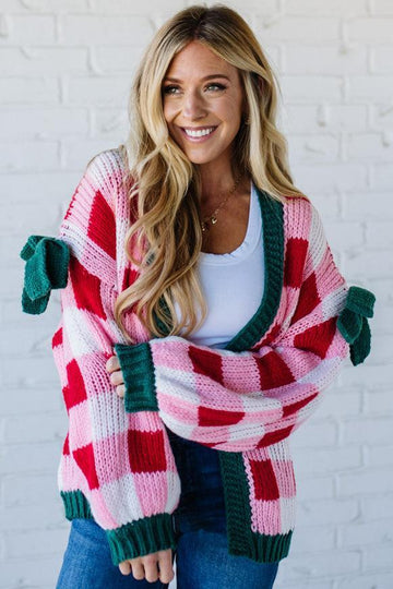 Bow Sleeve Holiday Check Cardigan