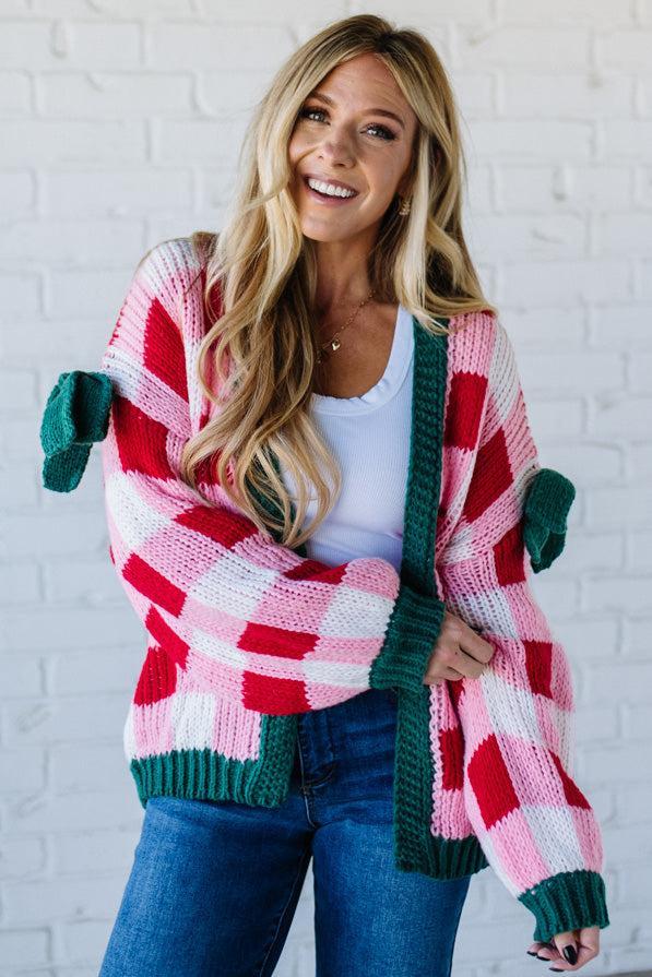 Bow Sleeve Holiday Check Cardigan