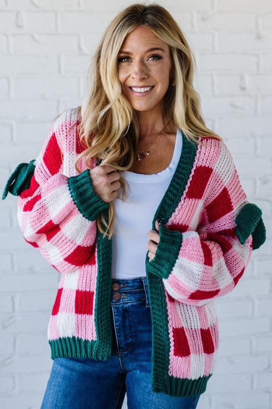 Bow Sleeve Holiday Check Cardigan