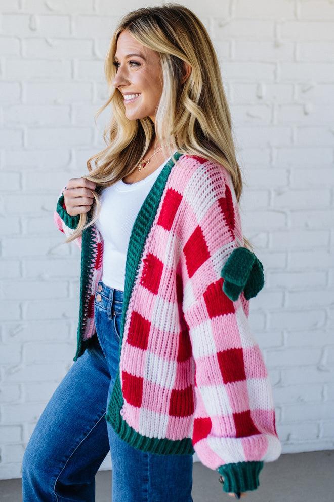 Bow Sleeve Holiday Check Cardigan