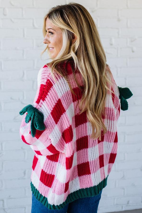 Bow Sleeve Holiday Check Cardigan