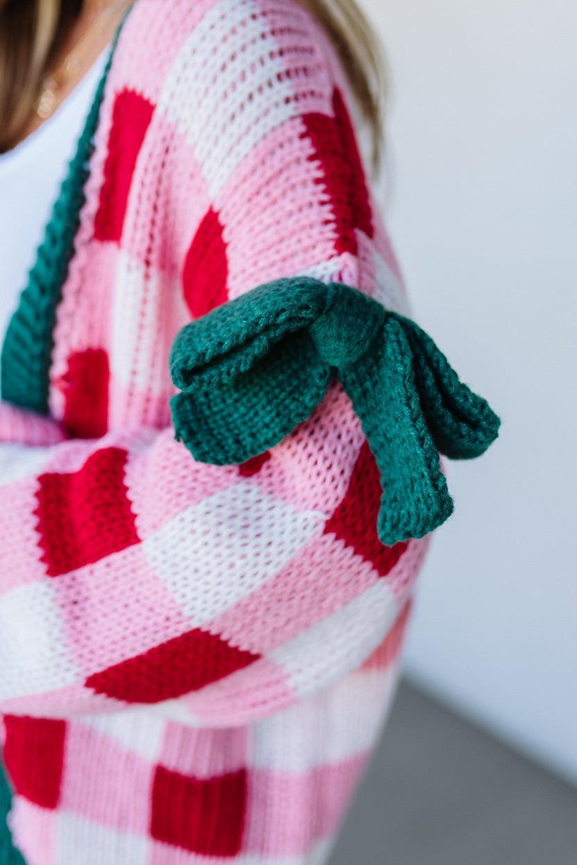 Bow Sleeve Holiday Check Cardigan