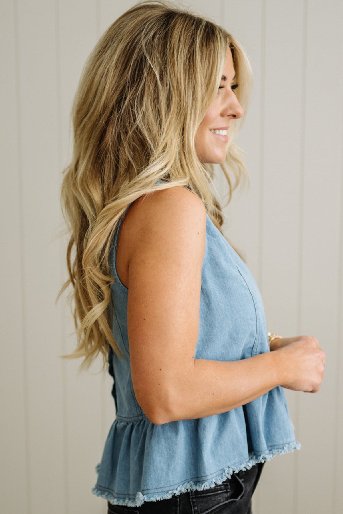Button Back Denim Peplum Tank