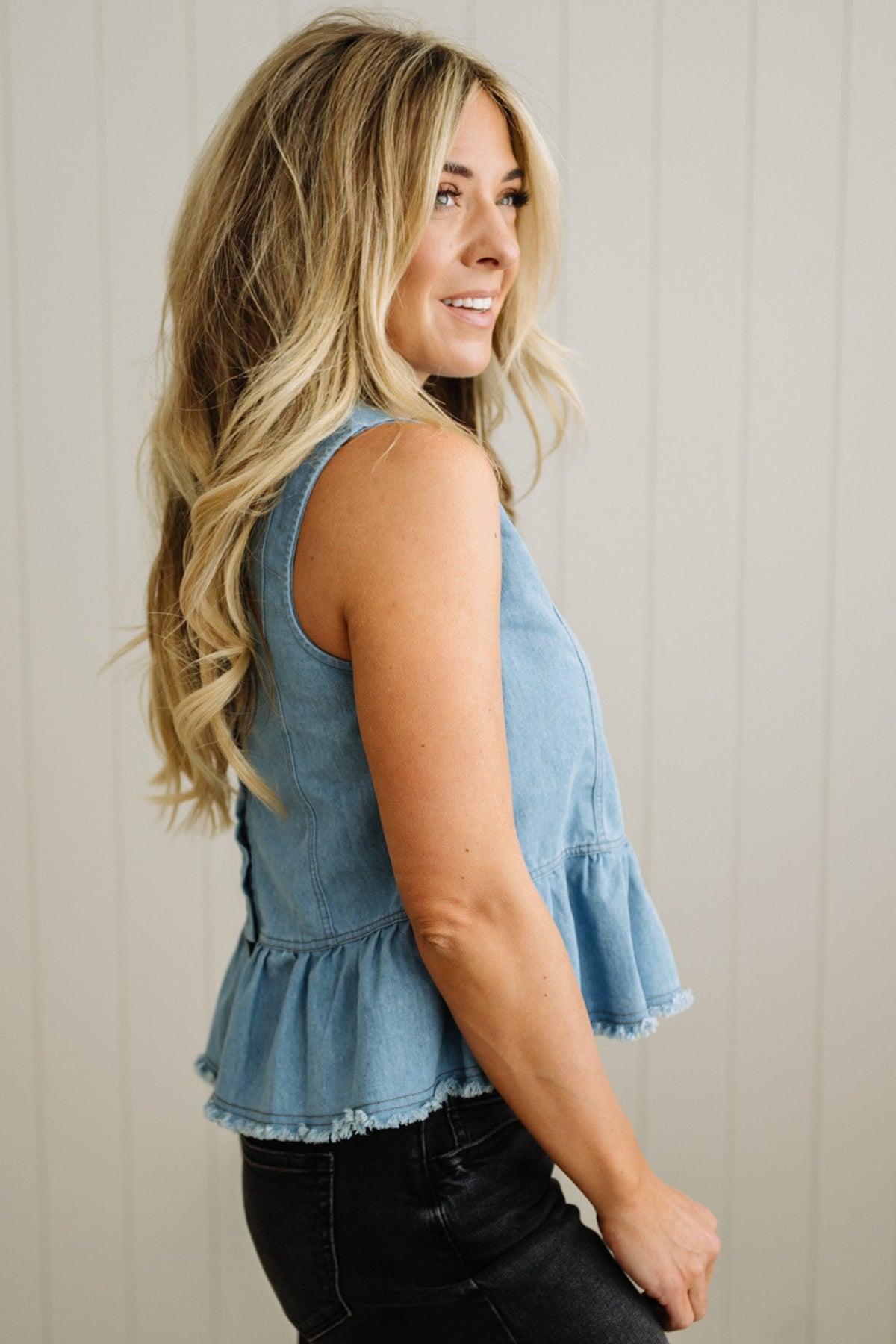Button Back Denim Peplum Tank