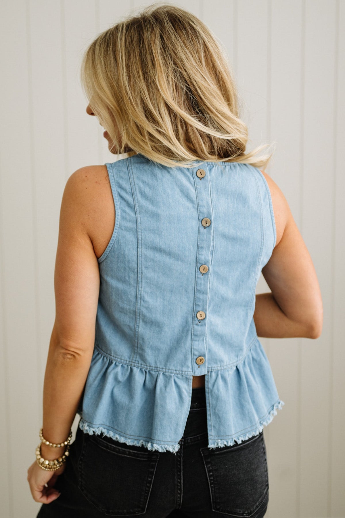 Button Back Denim Peplum Tank