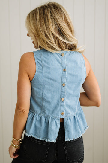 Button Back Denim Peplum Tank