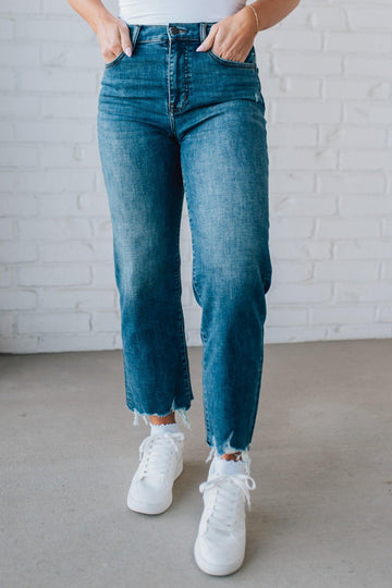 Charlie Crop Hem Jeans | Frayed Medium Wash - EUNINA