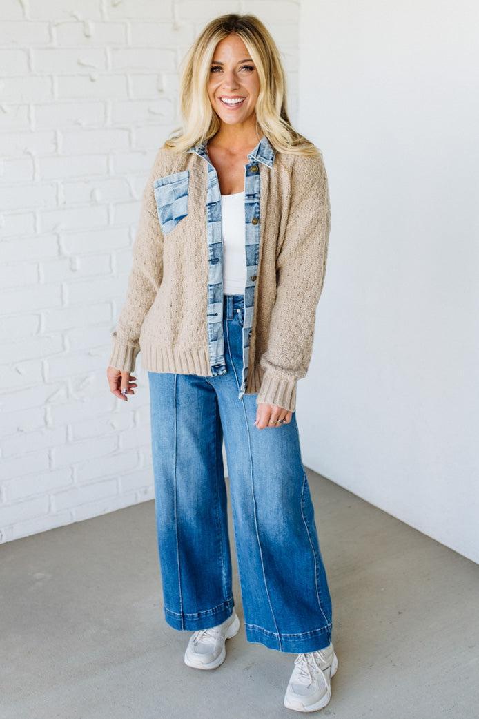 Checked Denim Accent Cardigan