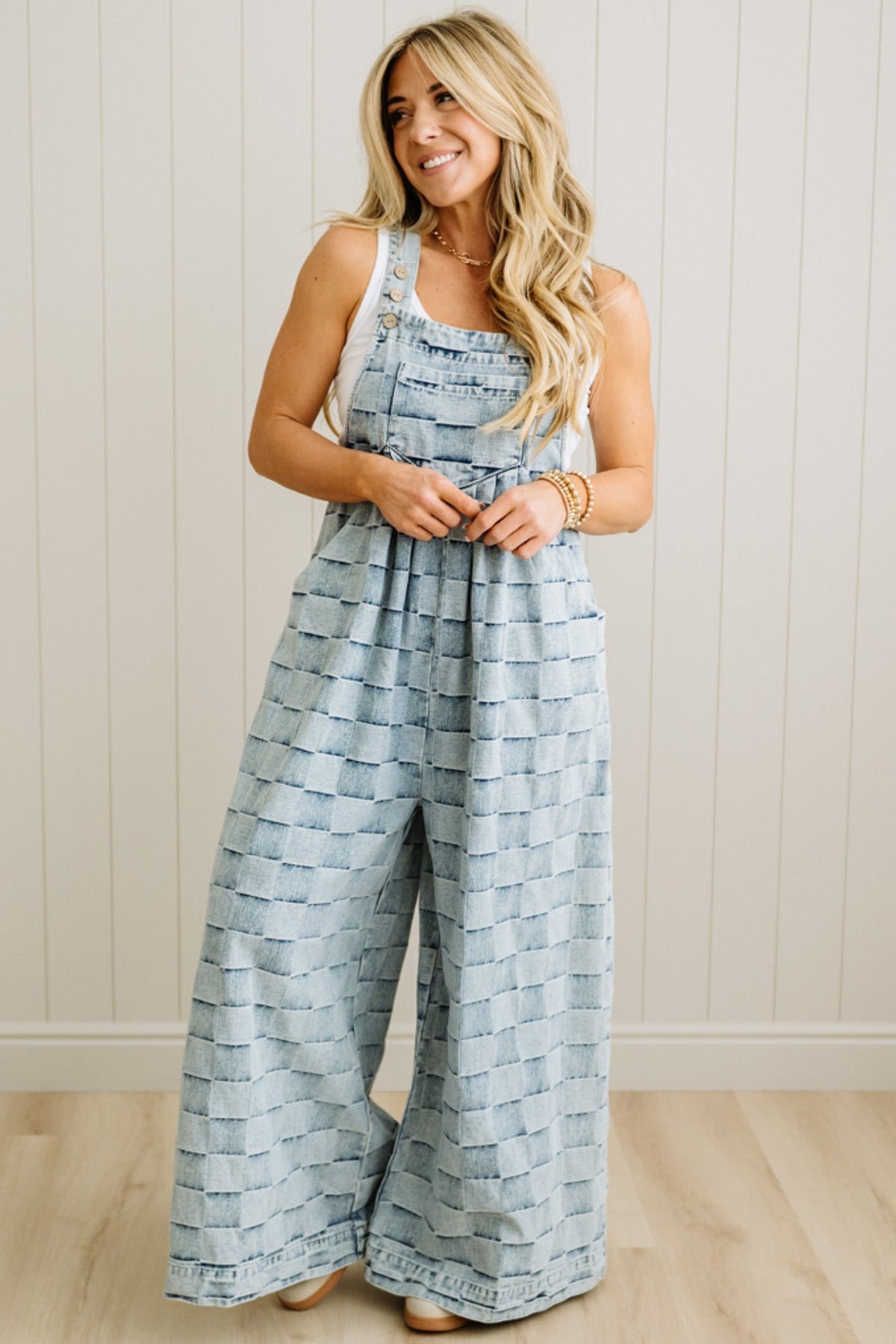 Checked Denim Wide Leg Overalls - BIBI