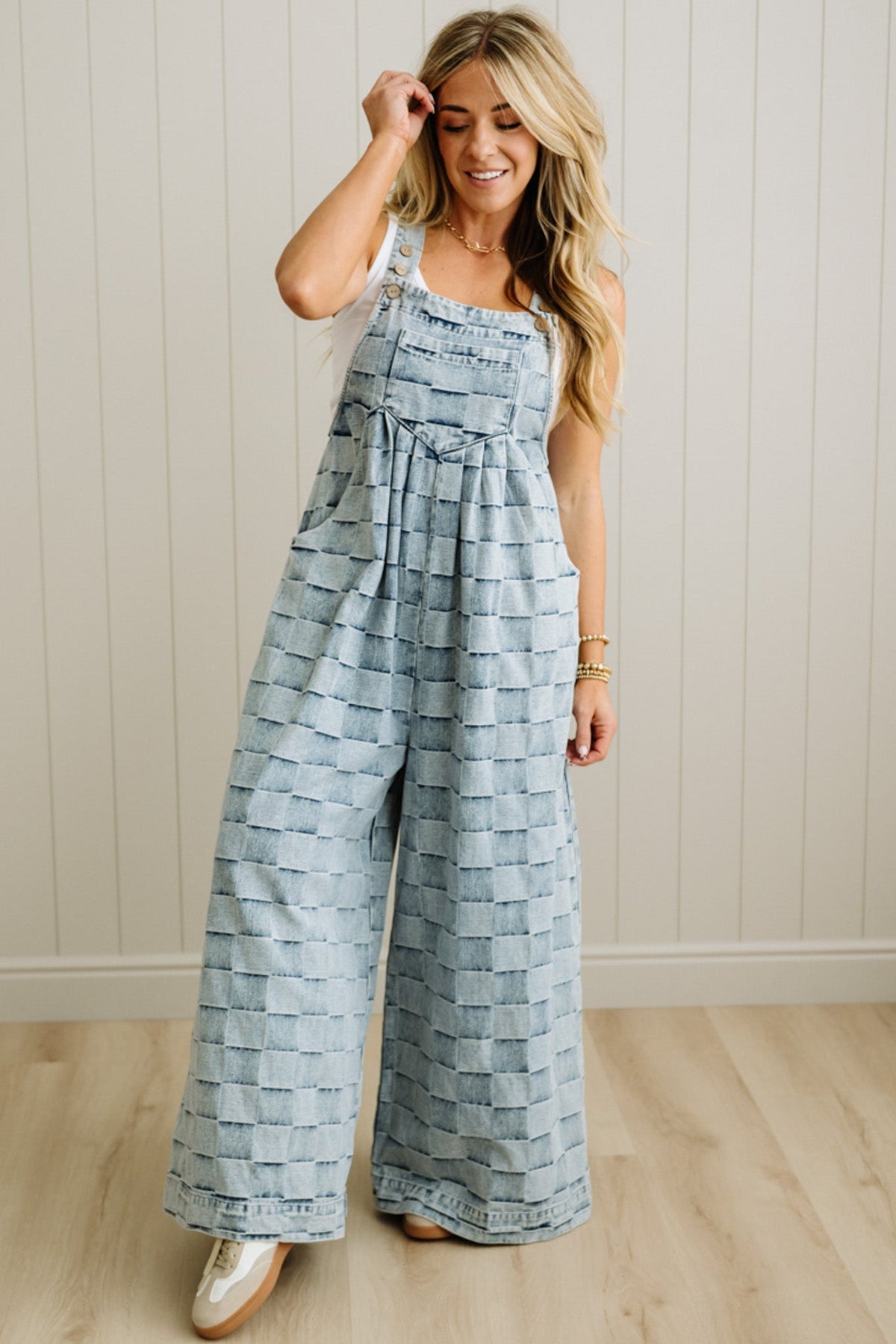 Checked Denim Wide Leg Overalls - BIBI