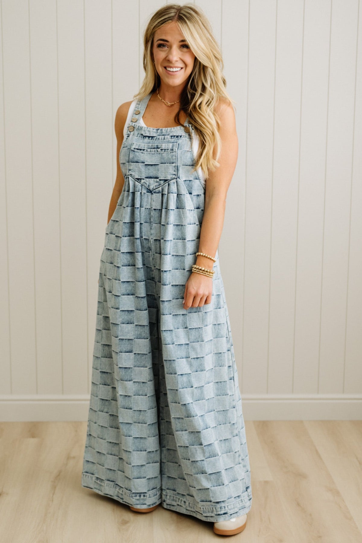 Checked Denim Wide Leg Overalls - BIBI