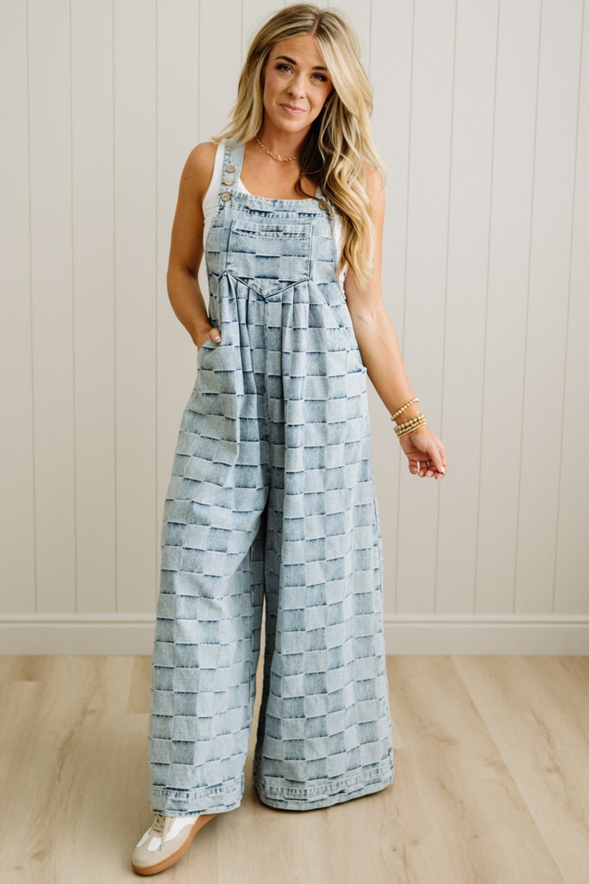 Checked Denim Wide Leg Overalls - BIBI