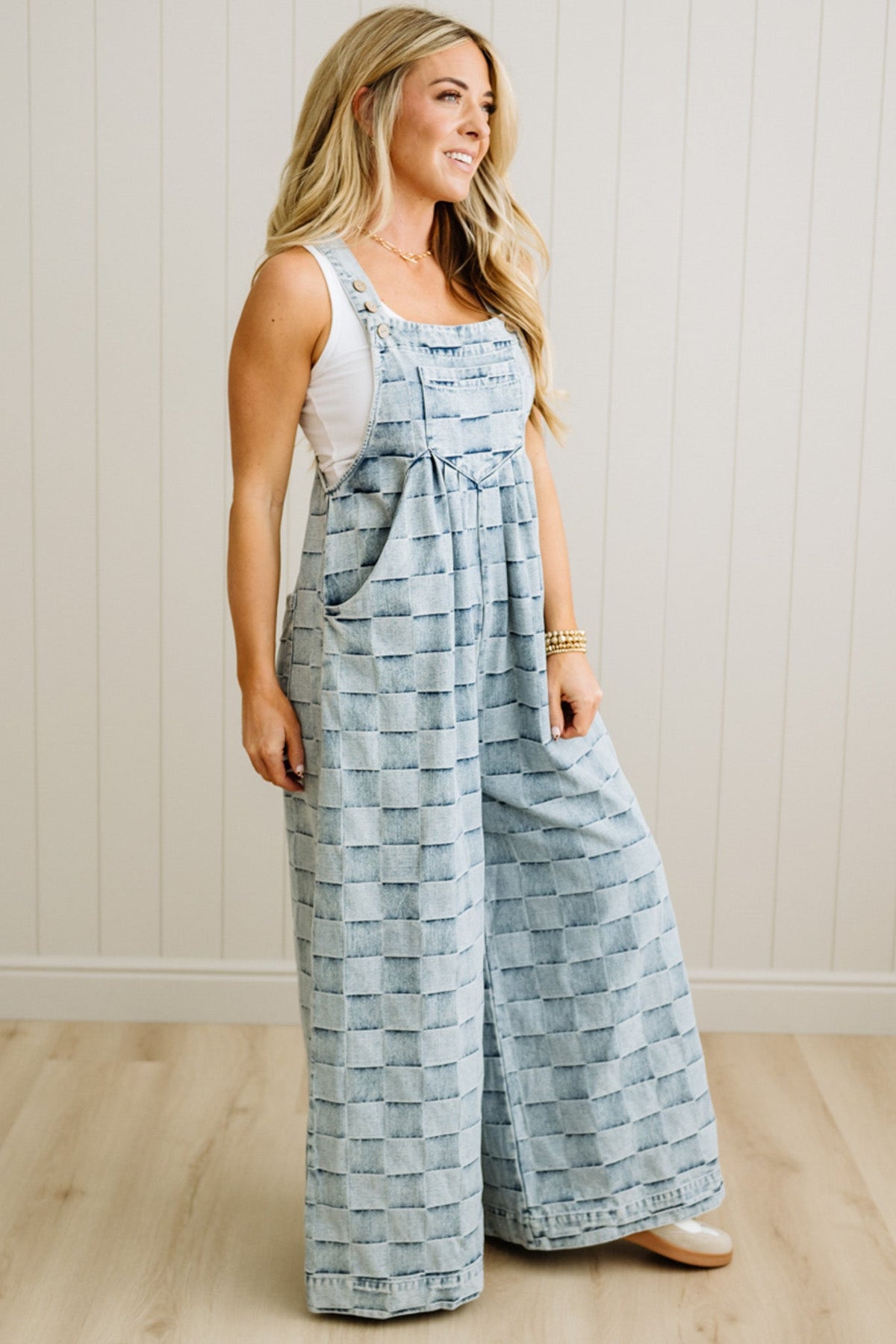 Checked Denim Wide Leg Overalls - BIBI