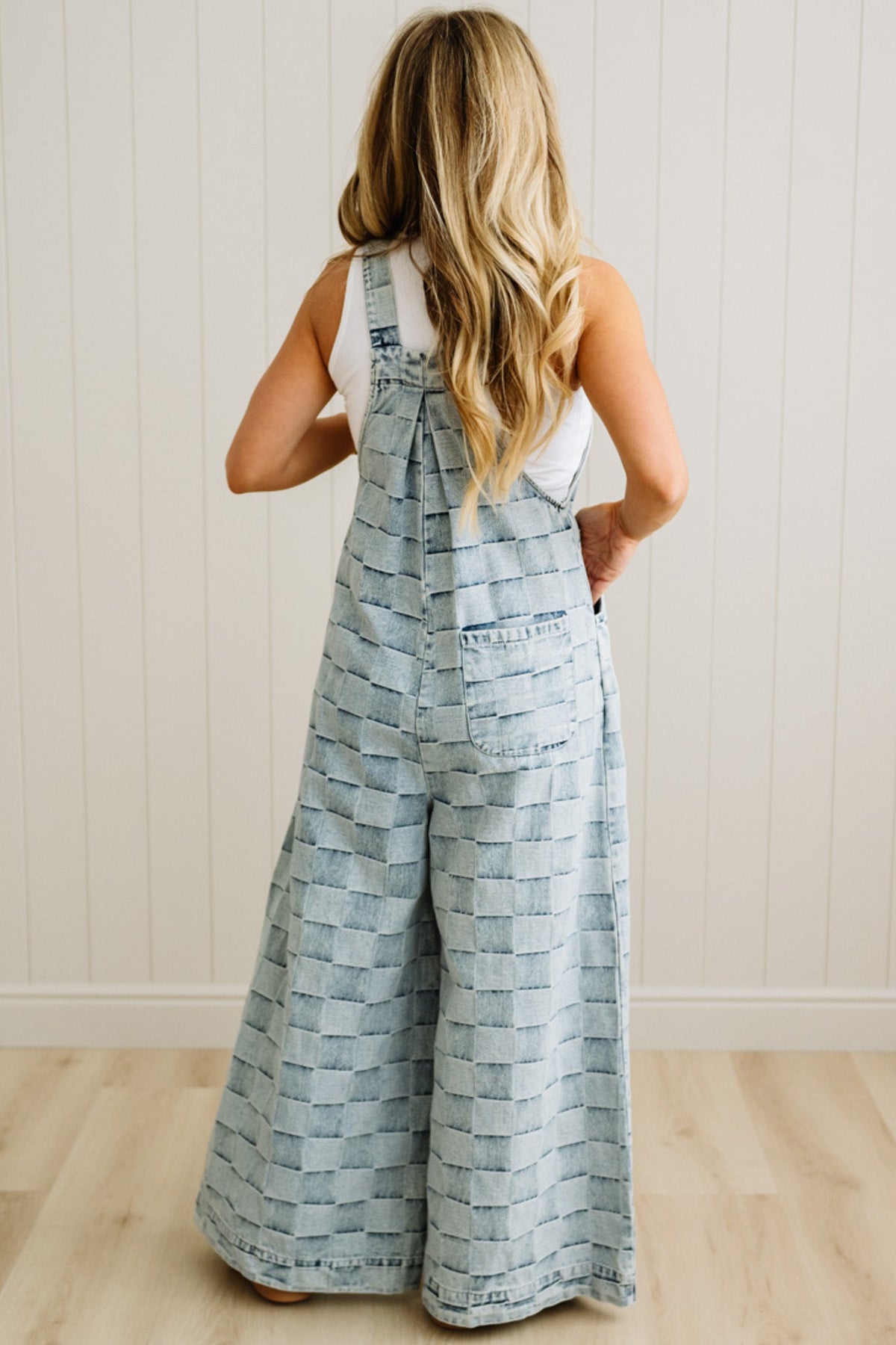 Checked Denim Wide Leg Overalls - BIBI